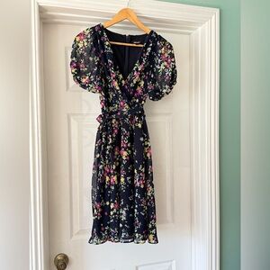 DKNY Pink and Purple Puff Sleeve Midi Dress